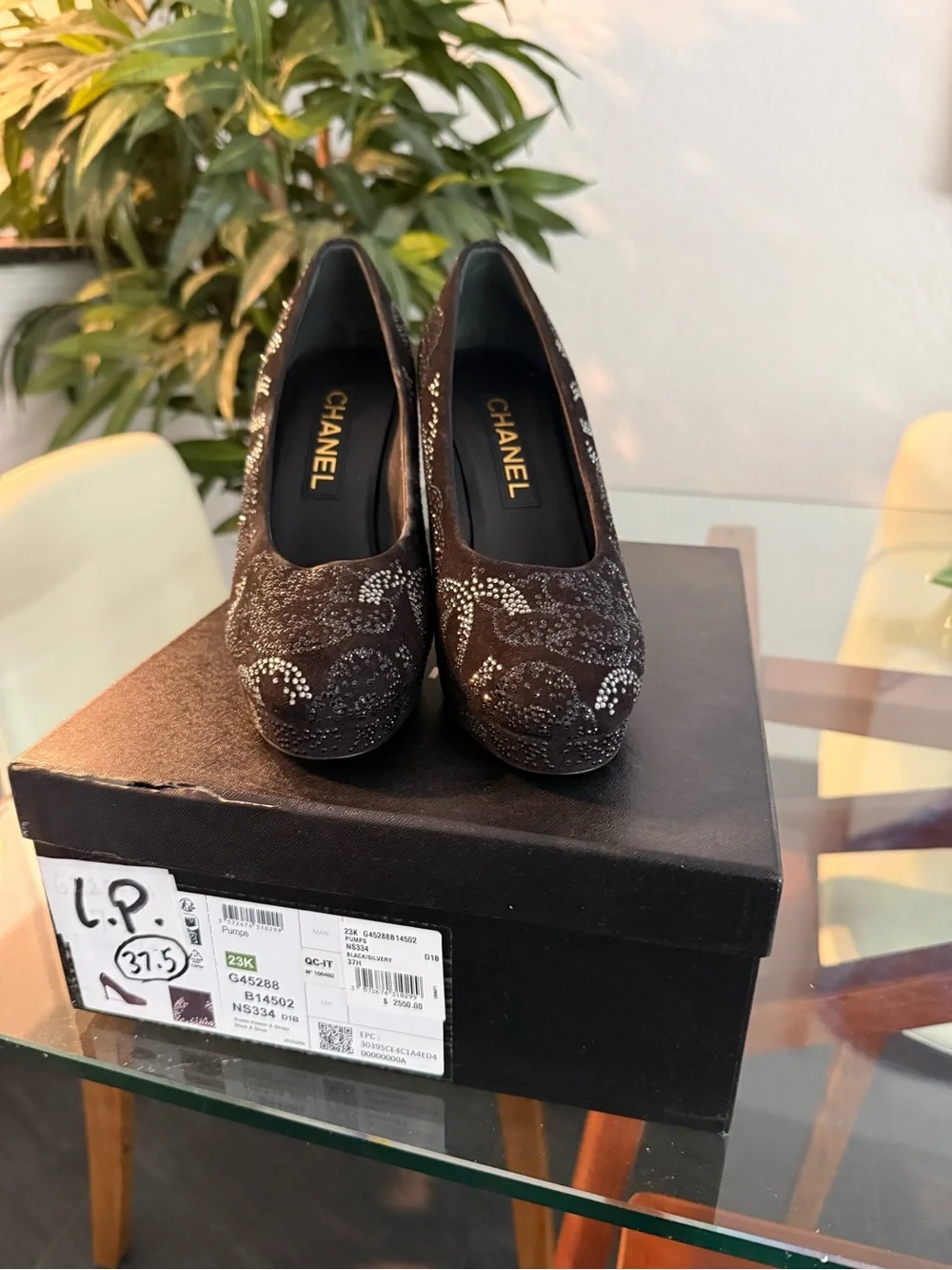 CHANEL Black Crystal-Accented Suede Stiletto Pumps